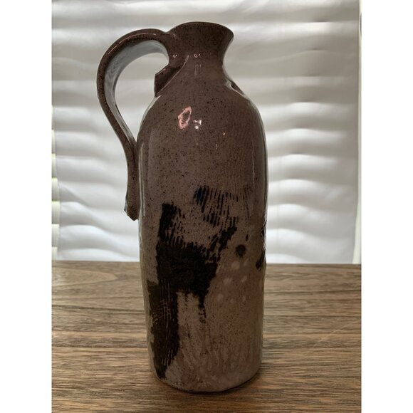 Signed J. Borrem Handmade Ceramic Jug Vase with Handle Abstract Black Design - Picture 1 of 5